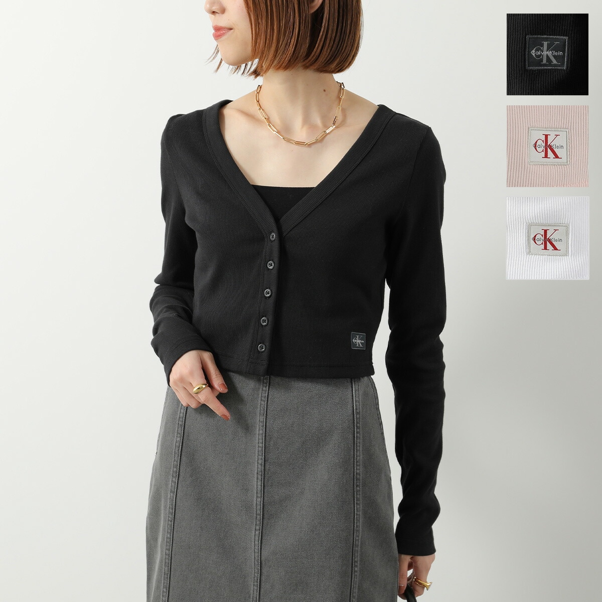 CALVIN KLEIN JEANS カルバンクライン ジーンズ カーディガン 47C204G レディース ロングスリーブ リブ コットンブレンド Vネック 長袖 カラー3色