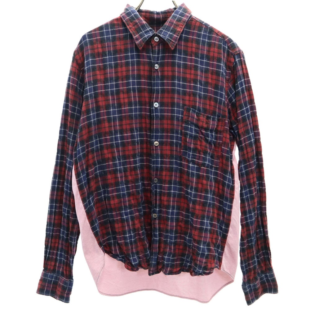 コムデギャルソンオム 2009年 00s 日本製 チェック柄 長袖 ワッシャー加工 ソフトオックスフォード切替 ネルシャツ S ネイビー 他 COMME des GARCONS HOMME メンズ