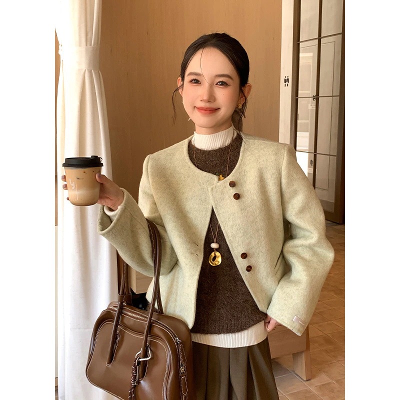 服ショートウールデザイン絶妙なラウンドネック両面ウールコートレディース新作 0620