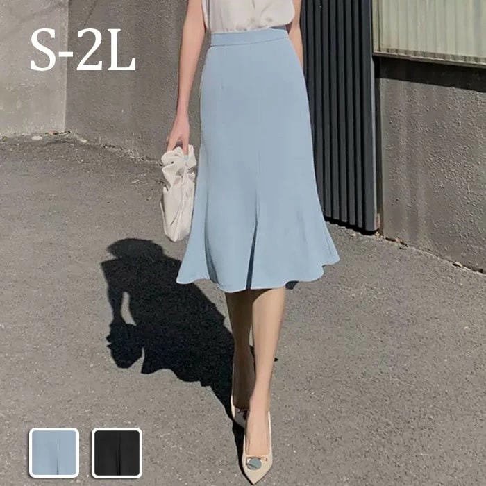 スカート レディース ボトムス 春服 夏服 マーメイドスカート ひざ丈 ミモレ丈 ブルー ブラック ジッパー ハイウエスト Aライン タイトスカート フレア ヘムスカート イレギュラーヘム エレガ