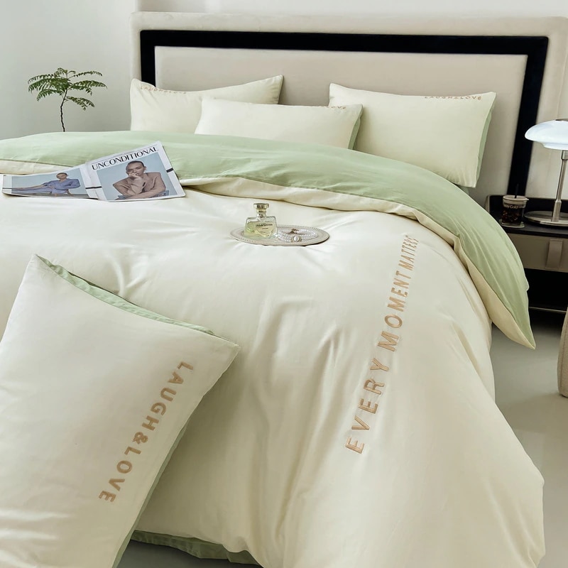 綿ボックスシーツ 4 点セット無地刺繍入り長繊維綿寝具純綿薄手シーツキルトセット