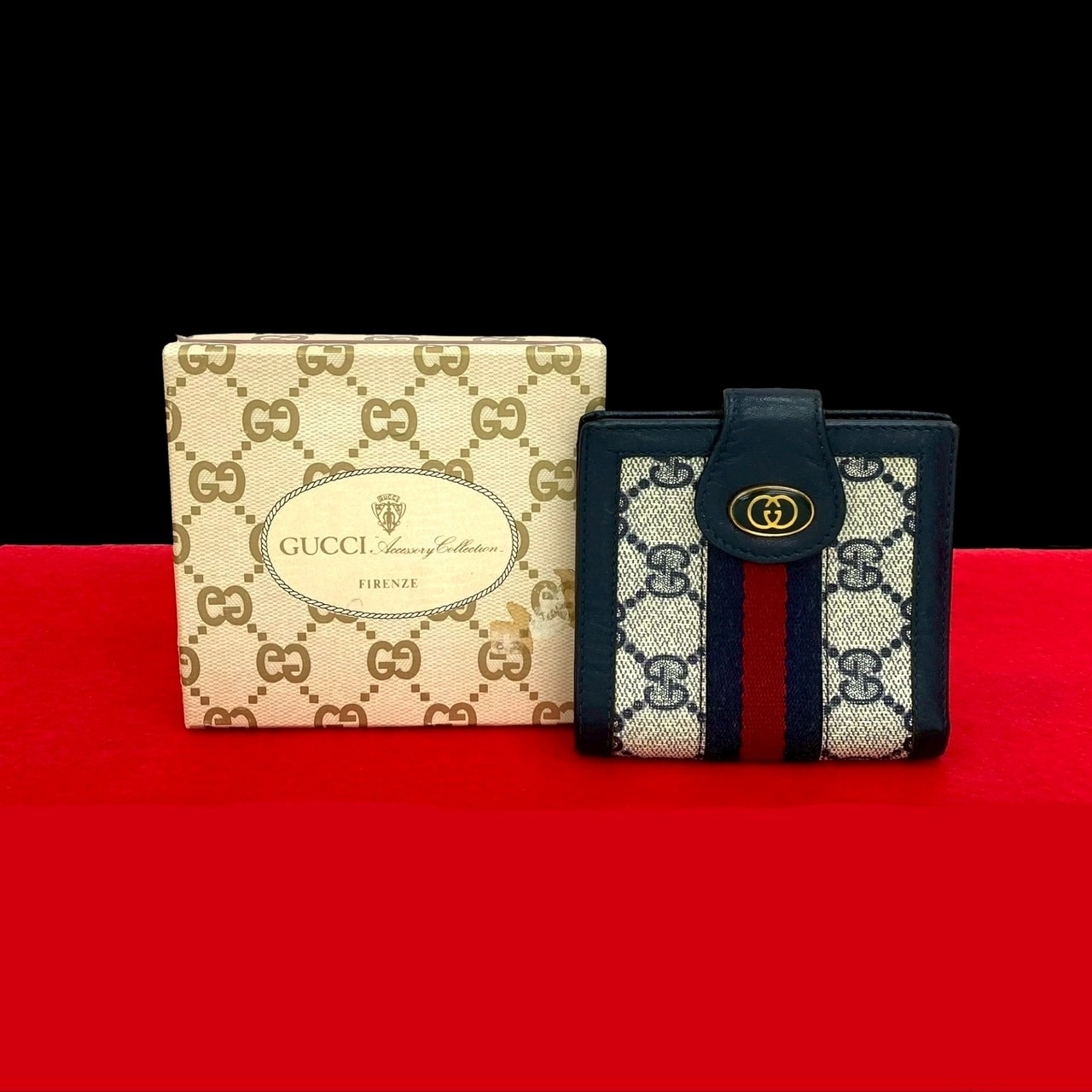 ヴィンテージ シェリーライン GG ロゴ 金具二つ折り財布 レザー PVC ネイビー 32154