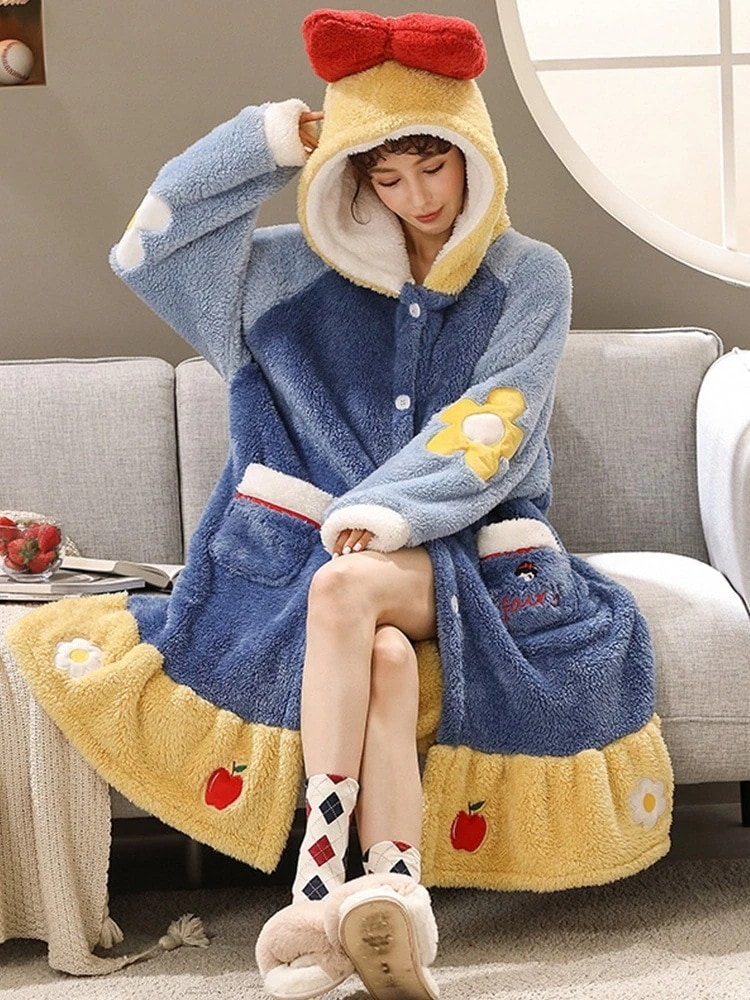 秋冬白雪姫ナイトガウン厚いコーリースバスローブピックアップロングホーム服セットパジャマレディース