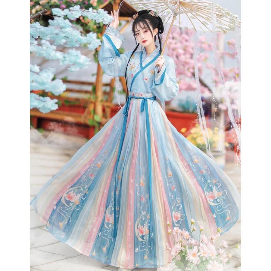 3色　唐装漢服　グラデーション　レディース中国古風振袖中華シャツ+ロング丈スカート3点セットアップ　刺繍　仙女古典美人服 チャイナ服 仮装 学園祭文化祭 中30%までに制限