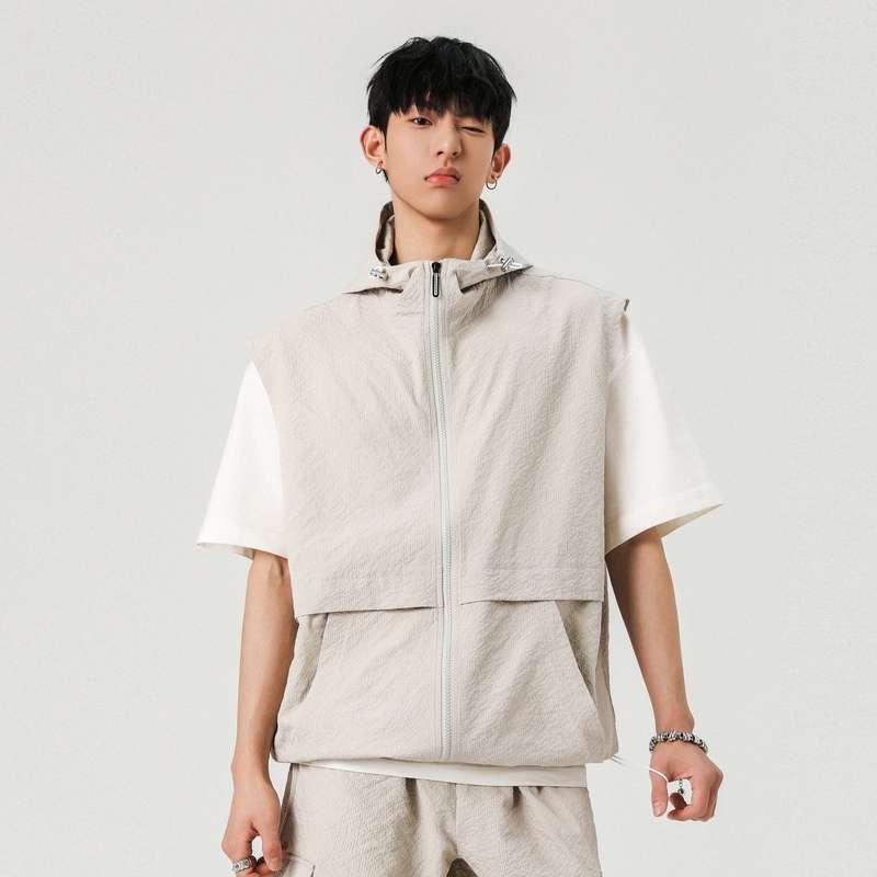 2025年夏新作 黒色フード付きベスト 男女共通 ブラックグレー カーキ 3色選択可能 男女兼用の服