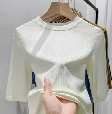 5分袖 リブニット サマーリブニット ぴったり トップス カットソー ショート丈 半端袖 Uネック スリム タイト 細身 ストレート スマート リブ 伸縮性 薄手 かわいい 大人可愛い きれいめ