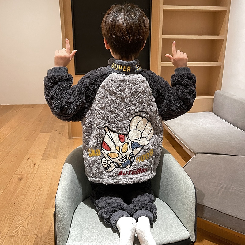 男の子用パジャマ 秋と冬 厚みのあるコーラルベルベット ウルトラマン 子供用 男の子用 フランネル ユース ビッグ 子供用 冬スタイル