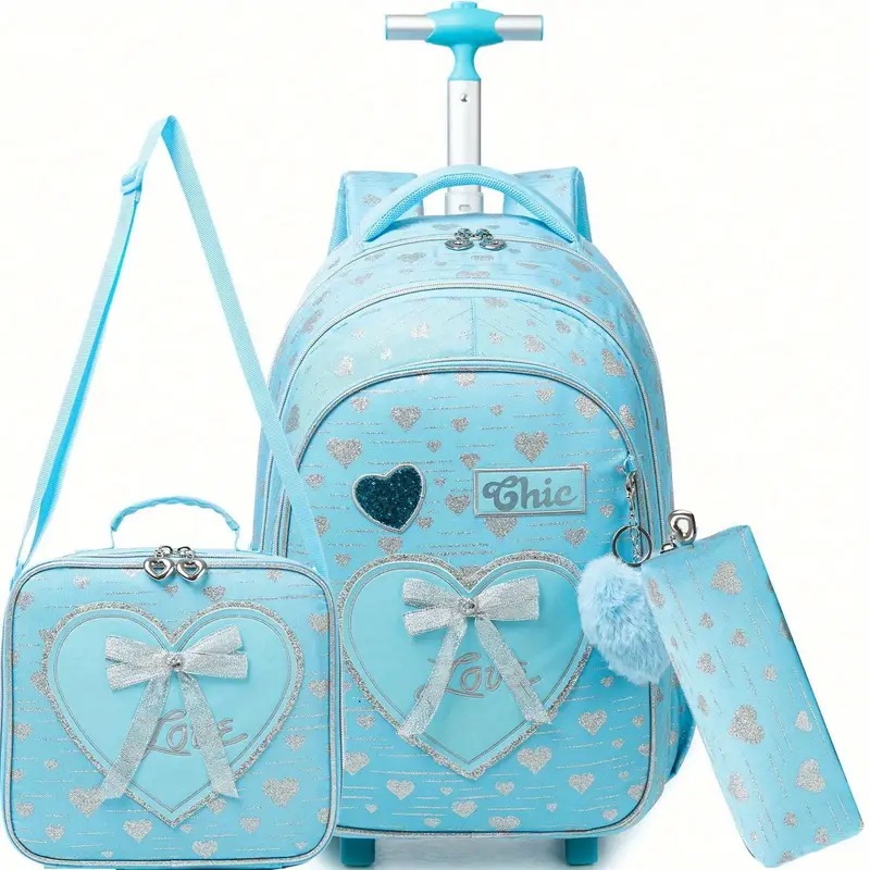 3個のローリングバックパック子供用の軽い青い学校や旅行用のバッグセットハートデザイン付きの調節可能なストラップジップクロージャー付きのクロスボディバッグや鉛筆ケース付きの旅行バックパック6-1