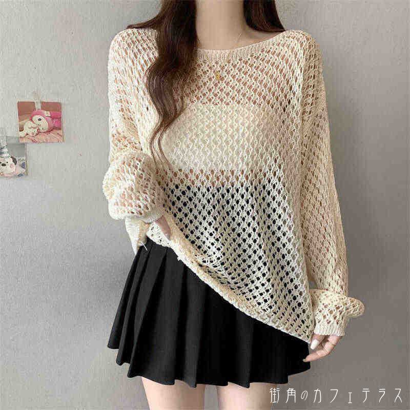 レディース トップス ニット 透け感 こなれ感 体型カバー 重ね着 シンプル カジュアル 抜け感 ロング丈 セクシー 長袖 ホワイト レッド ブラック 白 赤 黒 20代 30代 40代 通勤 通学