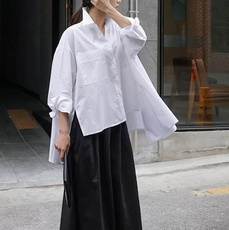 トップス シャツ オーバーサイズ ワイド チュニック ビックサイズ 個性的 白シャツ 袖あり 長袖 襟付き 前開き 綿 薄手 コットン きれいめ シンプル 大人 上品 おしゃれ お洒落 かっこいい 大