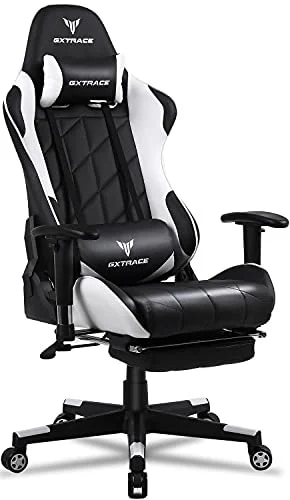 収納式オットマン付き PC ゲーミングチェア PUレザー 連動型アームレスト リクライニング 脱着可能ヘッドレスト パソコン テレワーク ホワイト