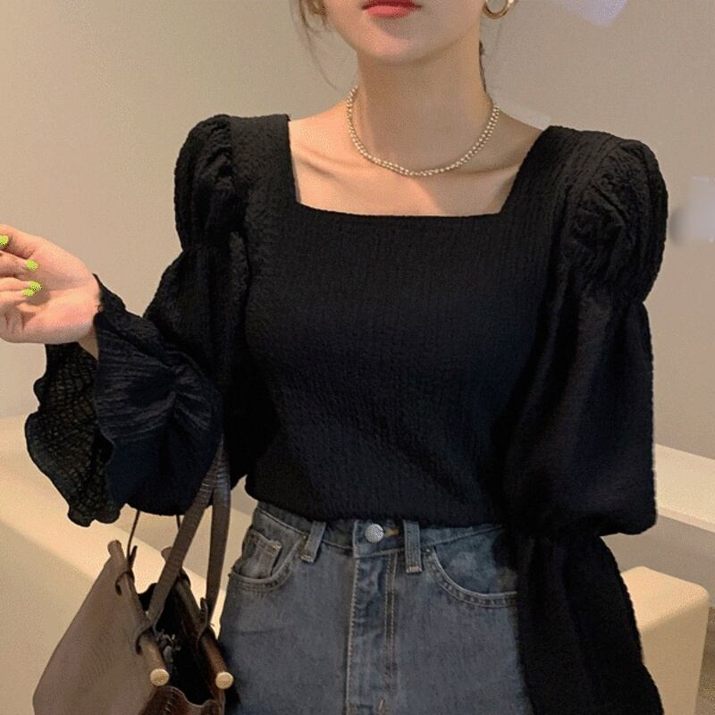 レディース トップス シャツブラウス シャツ ブラウス 無地 スクエアネック 袖あり 長袖