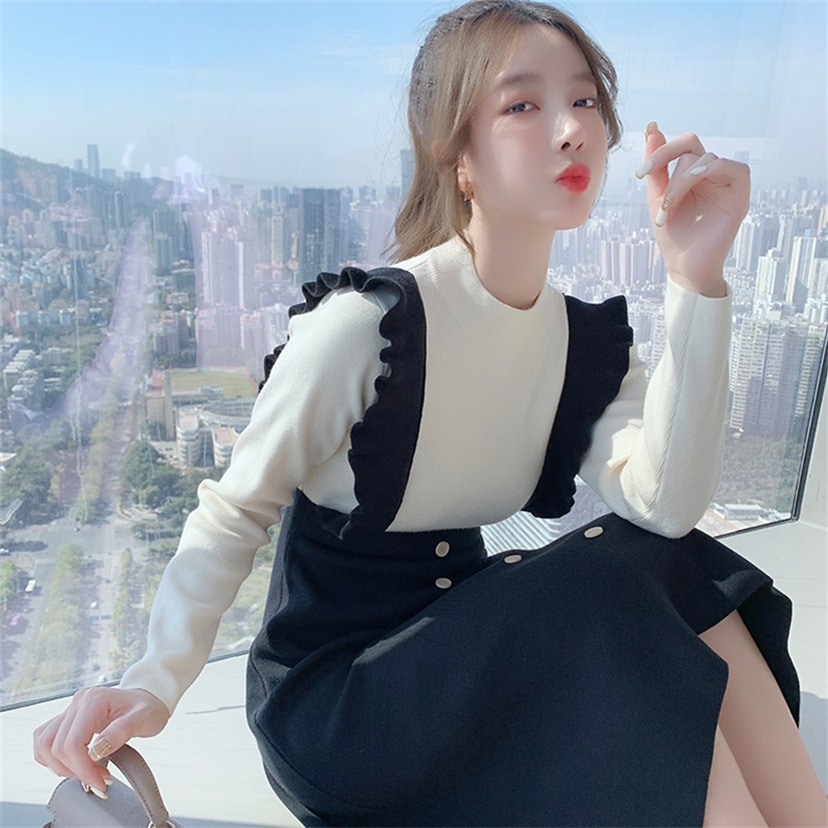 ワンピース カットソー 膝下 ミモレ ミモレ丈 ロング ロング丈 袖あり 長袖 萌袖 ハイネック フリル かわいい 大人可愛い カジュアル おしゃれ お洒落 こなれ感 ラブリー キュート ガーリー