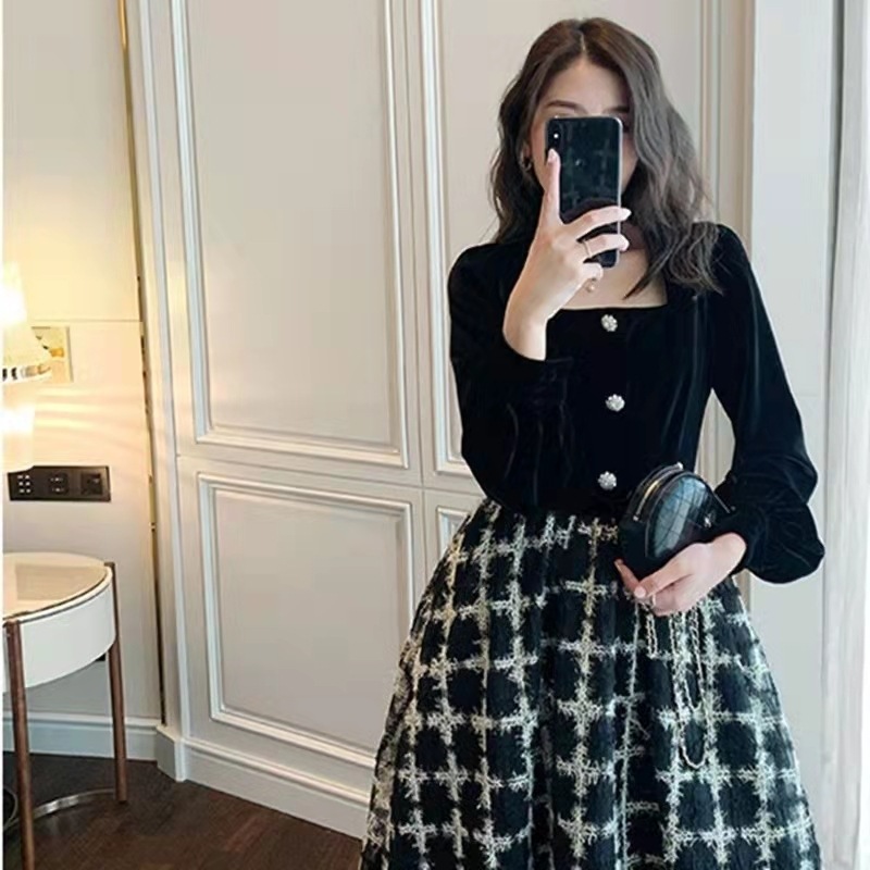 ワンピース フレアワンピース ミモレ ミモレ丈 袖あり 長袖 スクエアネック フレア かわいい 大人可愛い きれいめ 大人 上品 おしゃれ レトロ ラブリー キュート ガーリー チェック柄 格子柄 秋