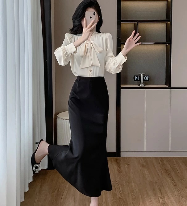 速達!上下セット 長袖トップス ロングスカート リボン フリル きれいめ シンプル オフィス【大きいサイズ レディース ニット 上下セット set スウェット スエット sweat ルームウェア ジャ