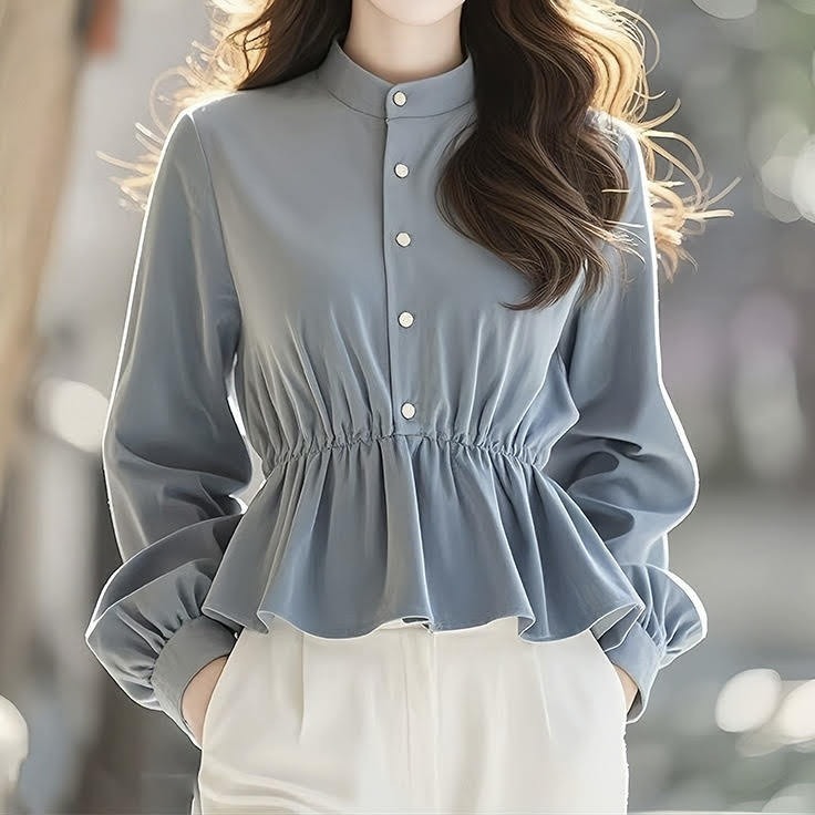 ペプラムベルベットブラウス ペプラムブラウス ペプラムトップス 長袖ブラウス 高見えブラウス ベロア ベルベット ブラウス ブラウス青 青 ブルー 韓国 オルチャン レディース 高見え きれいトップス