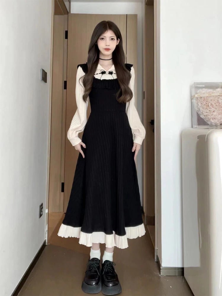 優しいキルティングの小さな黒ス今週の割引は 25% オフですカート2024春と秋の新作ウエストを収めた痩せた雰囲気の ワンピース メガ割