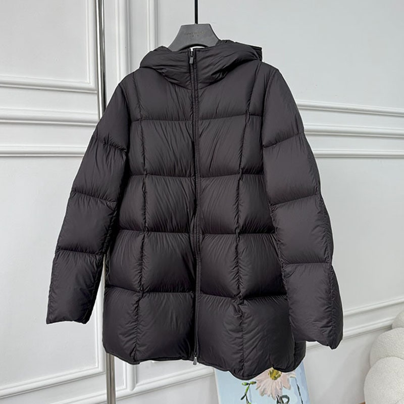 ホワイトダックダウンのミドル丈フード付きパフスタイルダウンジャケット（レディース）冬ファッションプラスサイズパファージャケット