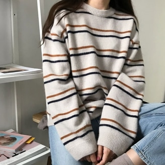 ボーダー柄セーター ホワイト ブルー トップス ニットソー セーター スリム 細身 ストレート 5,780円