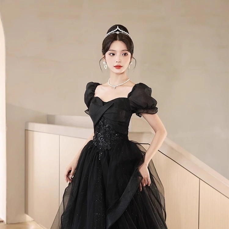カラードレス プリンセスライン ブラック 黒 フリル ベアトップ ロングドレス ウェディングドレス ウエディングドレス 結婚式 二次会 花嫁 前撮り 発表会 パーティードレス ブライダル フォトウェデ