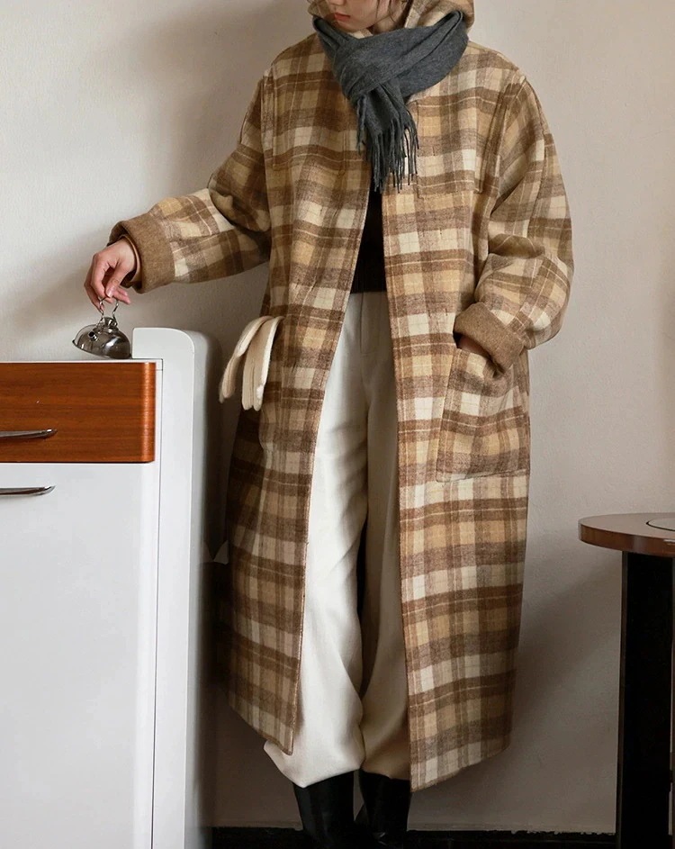 両面着用両面ウールコートの女性の長い段落格子縞フード付き気質韓国ウールツイードのプレミアム感覚 女性用コート