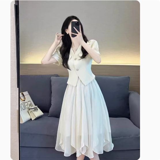 スカート トップス ジャケット セットアップ レディース 2点セット 上下セット ロングスカート 膝丈 半袖 Vネック 襟なし 肌見せ かわいい 大人可愛い きれいめ シンプル おしゃれ こなれ感