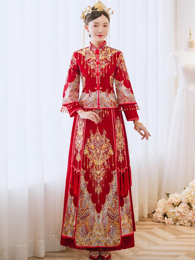 華やか中華服　中国風ウエディングドレス　上下二点セットアップ　赤　豪華チャイナ服　古典漢服唐装　花嫁ドレス　華流舞台ステージ衣装　チャイナ風コスプレ変装仮装　女性　大人用ドレス