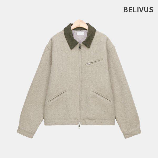 メンズ デイリー ウール混紡 カラー コーデュロイ ジップアップ ワークジャケット BROV003