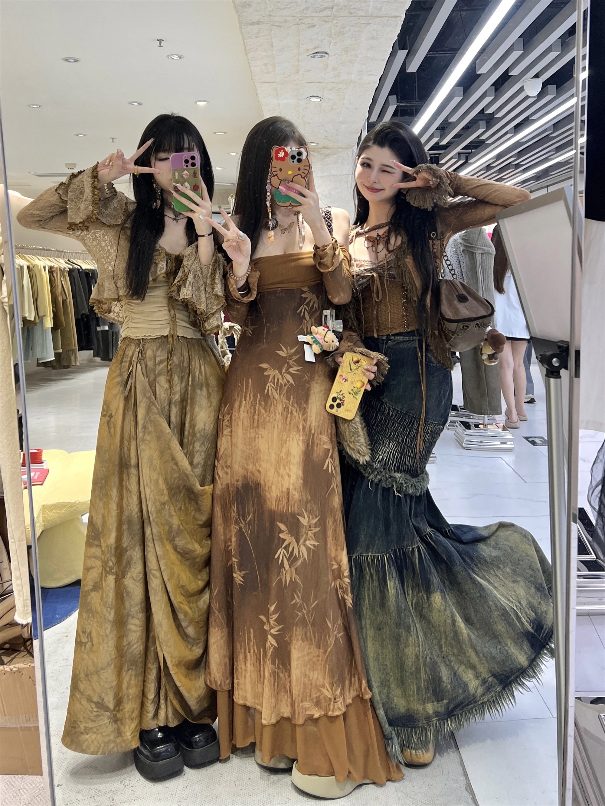 【ウォークインダーク】bamboo Branch Ciストレッチ2層メッシュインクバンブープリントワンショルダーロングスカートワンピース2色