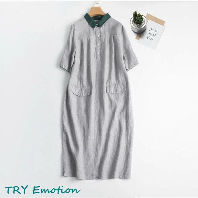 ワンピース レディース ミモレ丈 夏 半袖 コットンリネン 夏ワンピース ミモレワンピース 無地 綿 麻 柔らか 涼しい 配色 ナチュラル