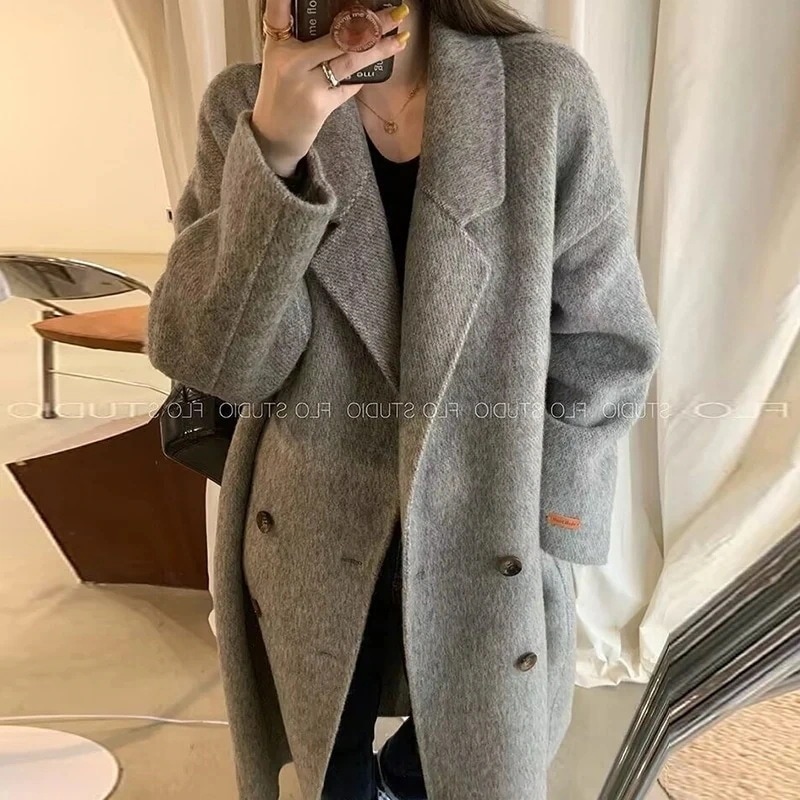 女性用秋冬両面ウールコートミドル丈ブレスト肥厚韓国ウールコートルーズコート