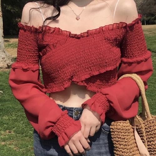 2252.フリルオフショルダートップス(レッド) 2019 春夏 新作 大人 かわいい カジュアル きれいめ OL 20代 30代 デート服 女子会