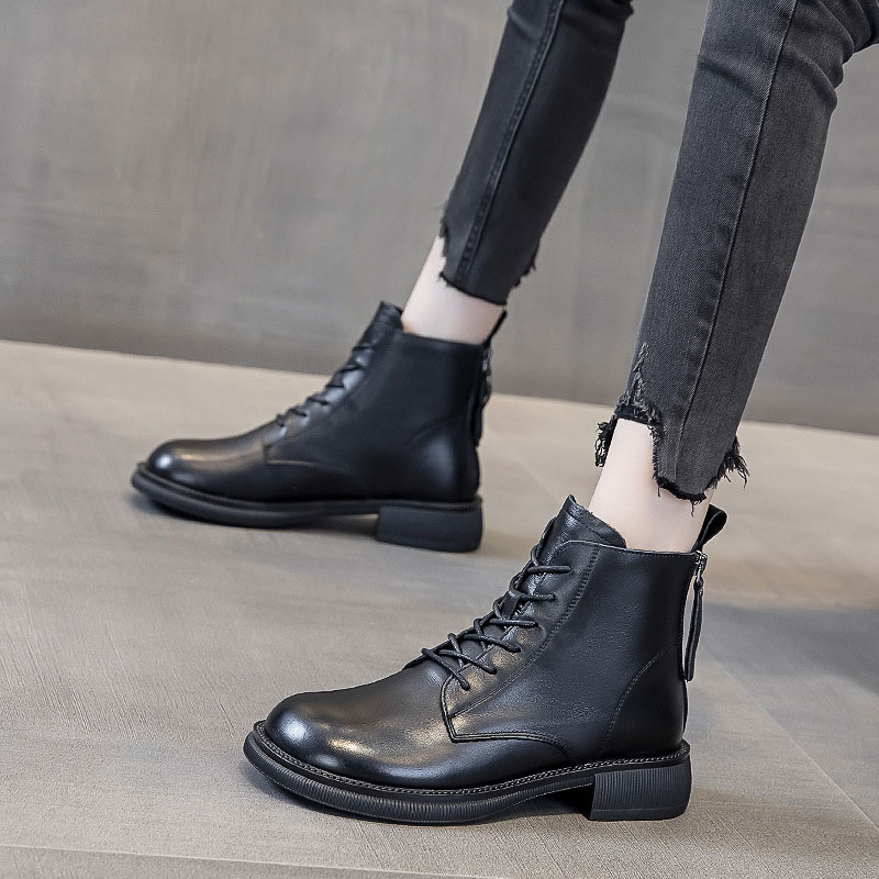 【即納】レースアップ ショートブーツ レディースシューズ ローヒール 薄/裏起毛 靴 カジュアルシューズ レースアップ 美脚 歩きやすい 疲れない 洒落 秋冬新作 通勤 ワイルド ブラック