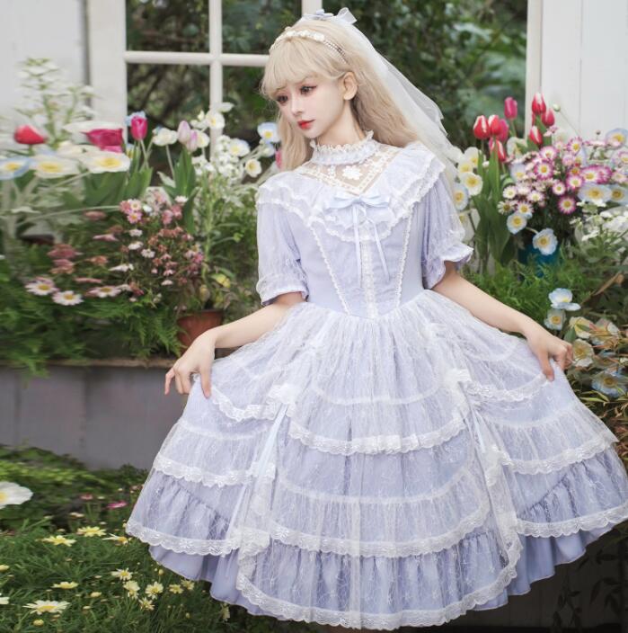 ロリータワンピース 膝丈 半袖 プリンセスドレス レディース 花嫁 お姫系 ティアードワンピース レース ドレス 女性 ハロウィン コスプレ 衣装 Lolita コスチューム 撮影衣装 パープル