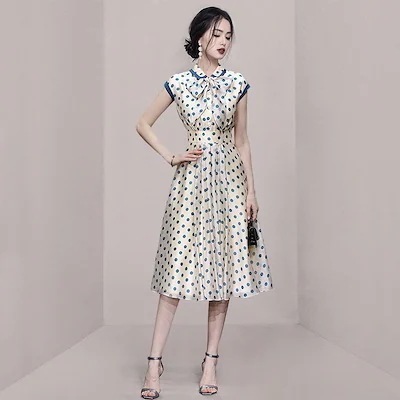 復古 波 点 ワンピース女性 夏 齢を減らす人形 襟を巻いてリボン結び肩まで腰を収めてやせて見えるA字 スカート