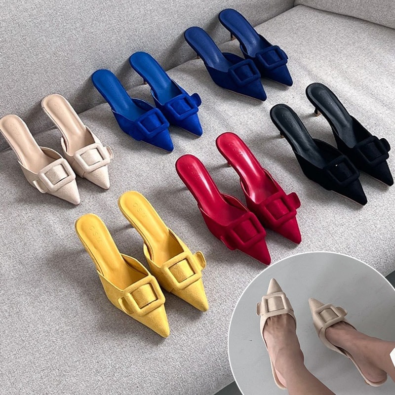 6color シンプル, 女性らしい雰囲気の スクエアモチーフ ビックバックル付き ポインテッドトゥ 7cmヒール カラフル デイリーミュール