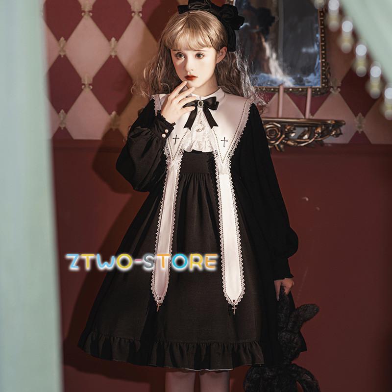 ワンピース 長袖レース フリル Lolita ドレスロリータ ゴシック ワンピース 秋冬 黒ロリ ゴスロリ クロス 6,304円