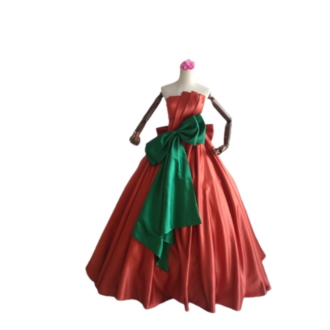 豪華！テラコッタ色 グリーン ベアトップ ふっくら柔らかなリボン ロングトレーン 花嫁 前撮り