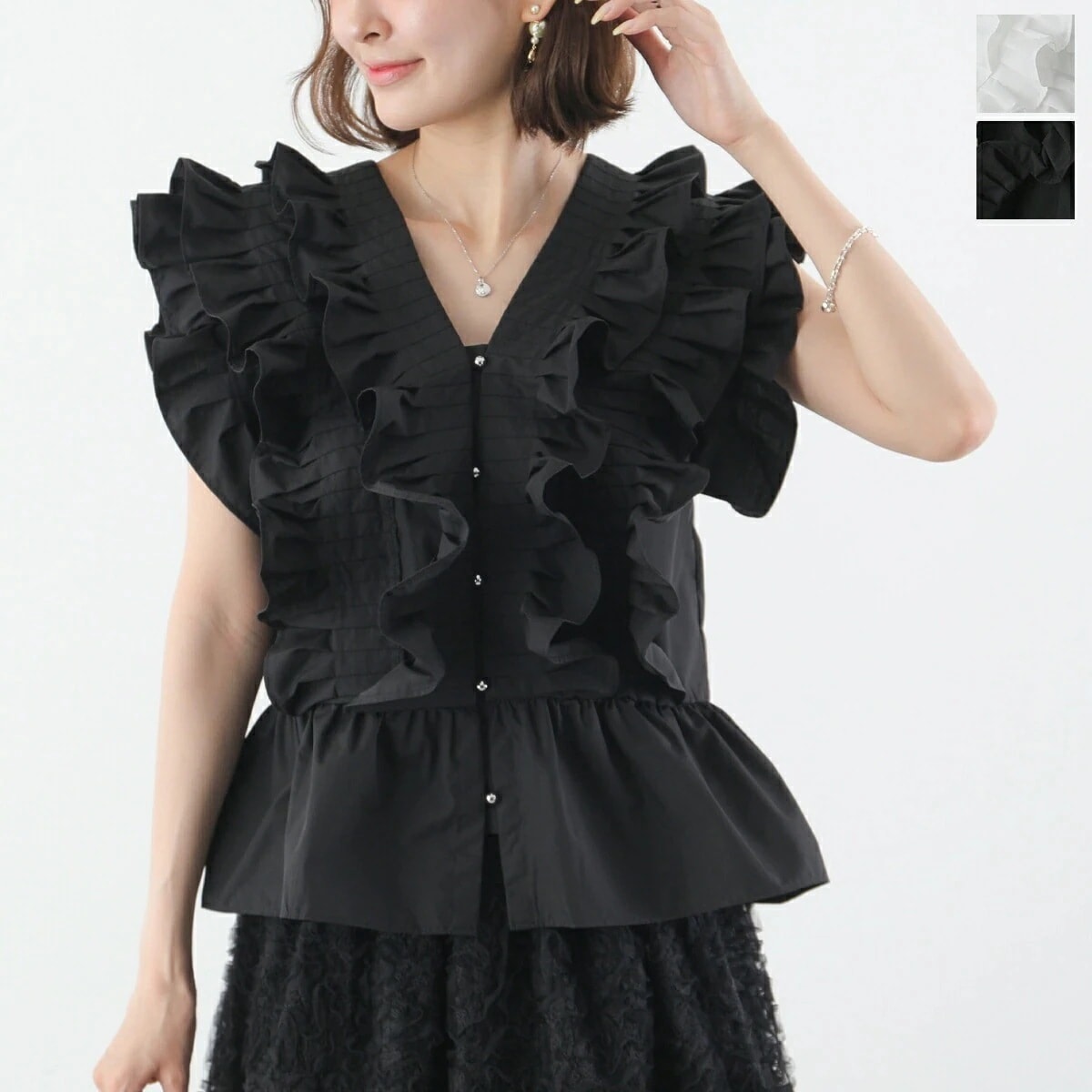 PICCIN ピッチン ブラウス 906320 レディース ラッフル フリル コットンブレンド Vネック ノースリーブ シャツ ウォッシャブル カラー2色