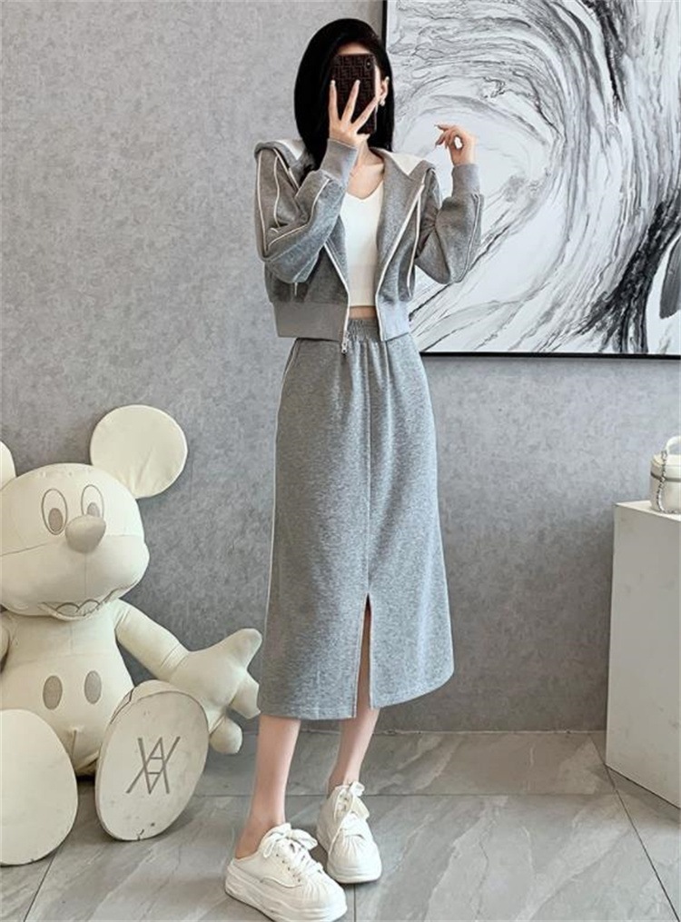 韓国ファッション パーカー ロングスカート ニットスカート 2点セット カジュアル スリム ファッション 綿 快適 スプリット