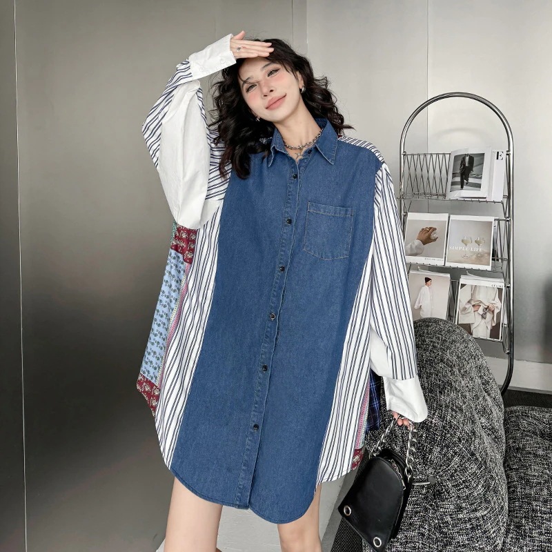 春秋新型日韩大きいサイズ デニム長袖ブラウス個性的上着カジュアル切り替えロング秋アウターシャツ 5,202円