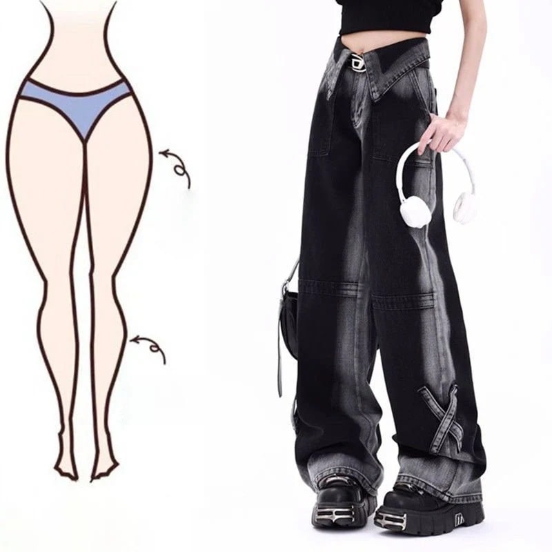 デニムパンツ 大きいサイズアメリカンレトロデザインセンス衝突ジーンズ女性秋冬ストレートワイドパンツ潮