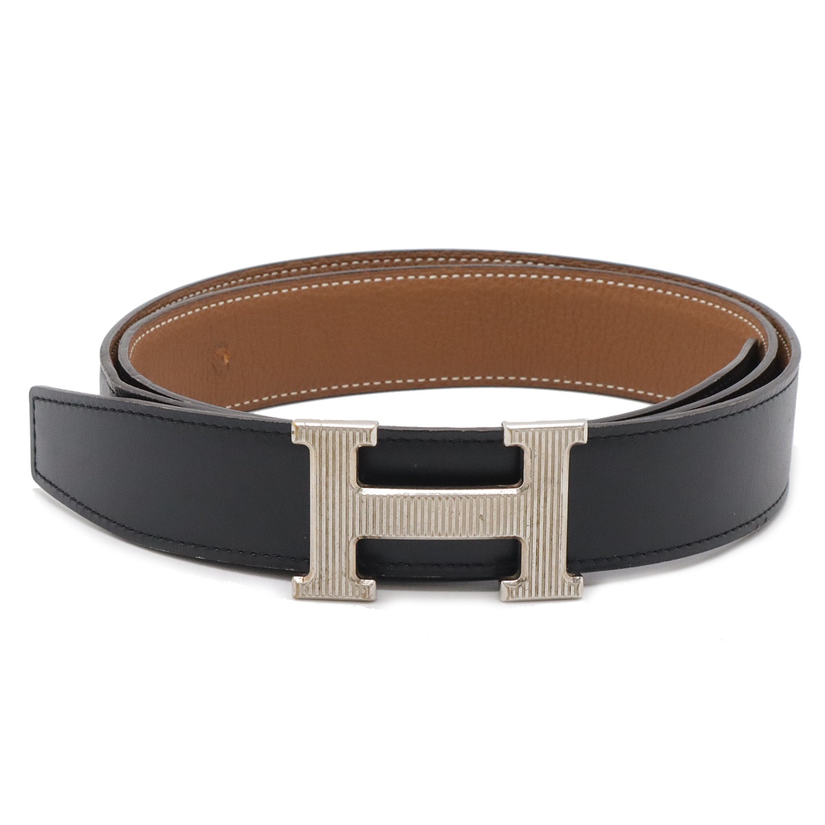 Hストリエ Hベルト リバーシブル レザー ブラック 黒 ブラウン 茶 シルバー金具 #100 R刻
