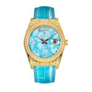 ターコイズメンズウォッチスイスの全自動機械式ムーブメントダイヤモンドウォッチ防水日付曜日機能自動機械式時計バタフライバックルアリゲーターレザーストラップ