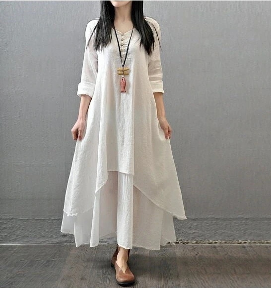 1720.リネンマキシ丈ワンピース（ホワイト）2019 春夏 sale 春夏 sale カジュアル 通学 女子会 ランチ カフェ 森ガール