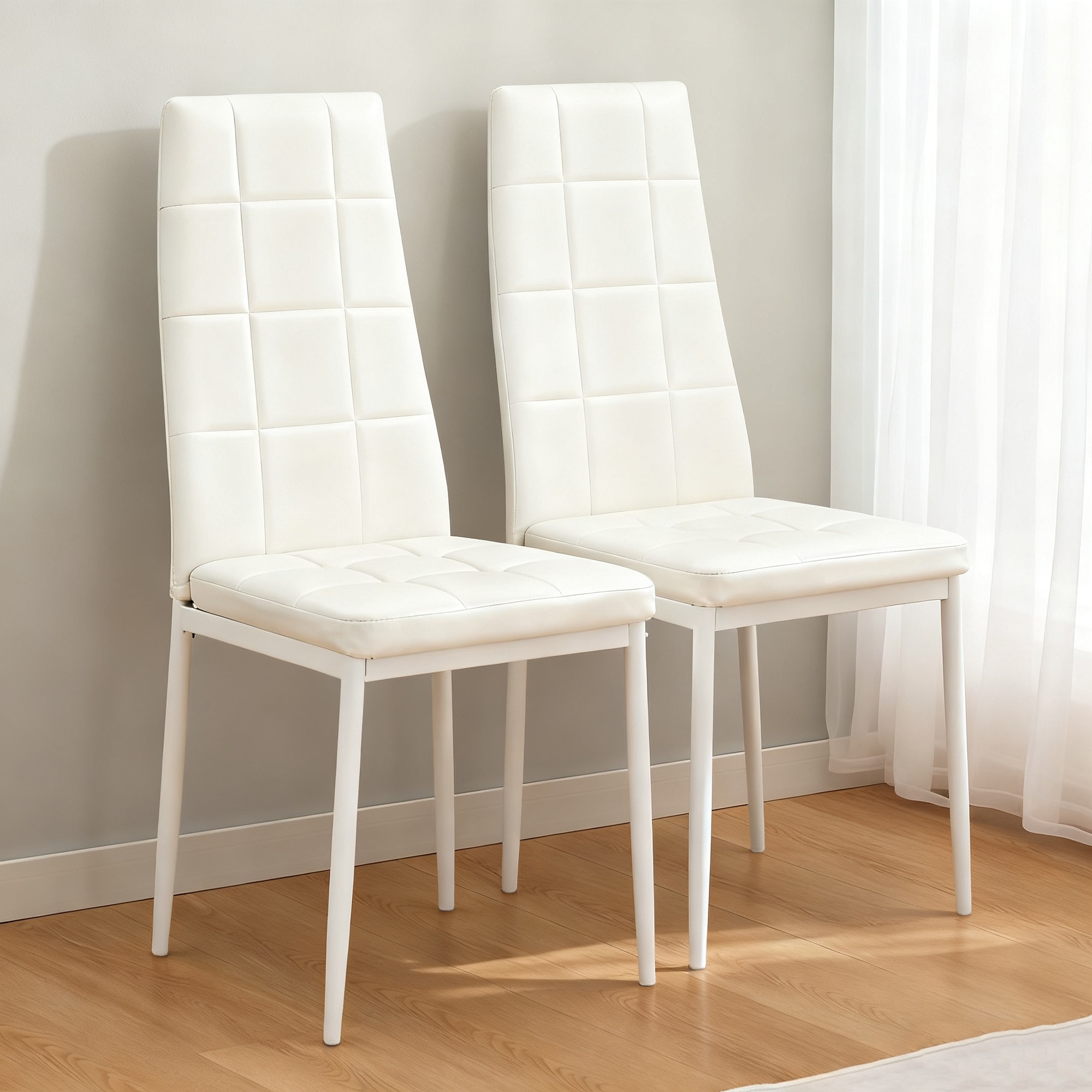 【新品登场快速出荷】PUレザーダイニングチェア ハイバック ボックスステッチデザイン シンプルモダン 家庭用 【 ホワイト2脚セット】