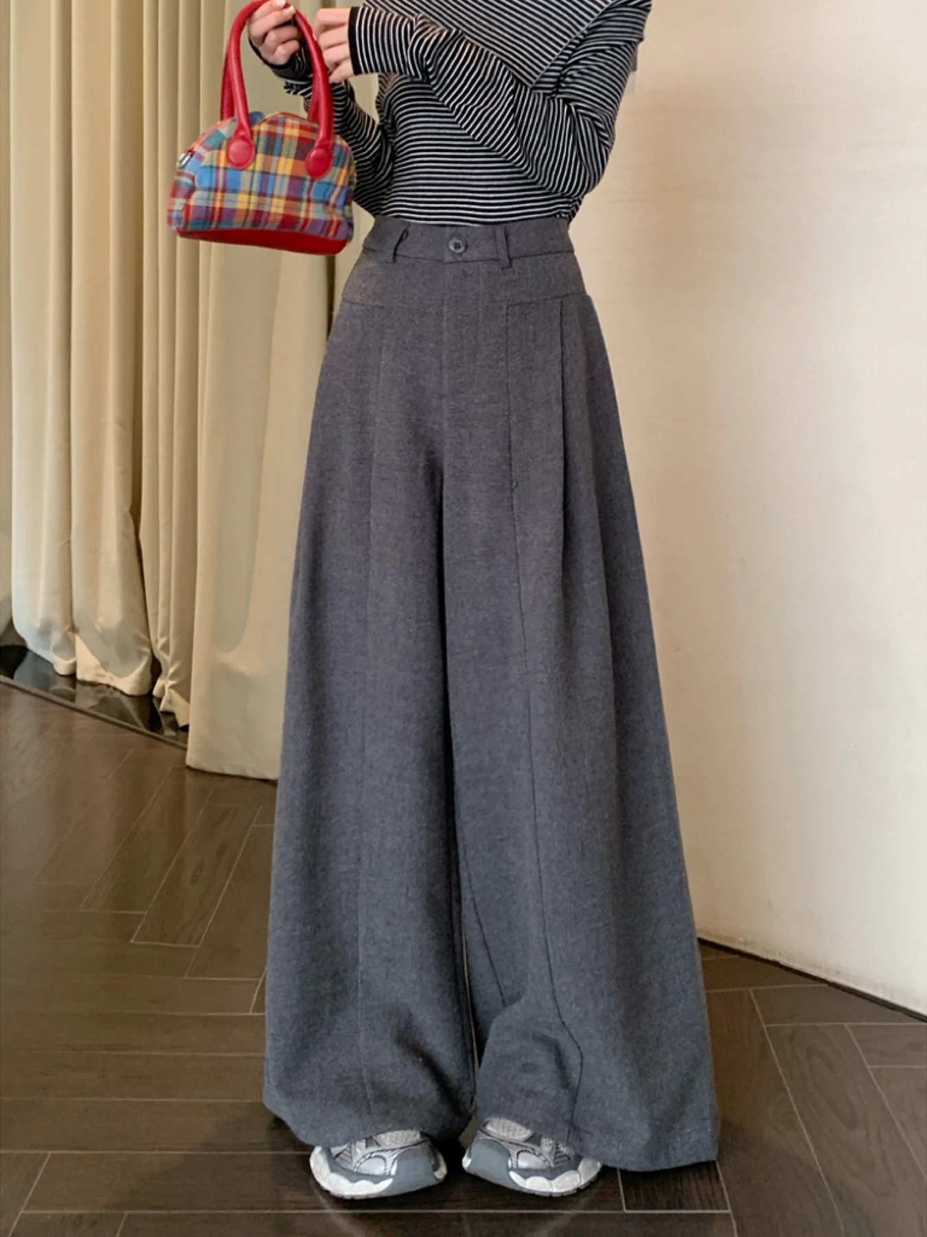 オフィス スラックス 防寒 脚長効果 レディース ウール生地 2025秋冬 ロングドレープ ワイドハイウエストルーズ 暖かい 美脚効果 OL カジュアルかわいい韓国系ファッション モップパンツ厚手