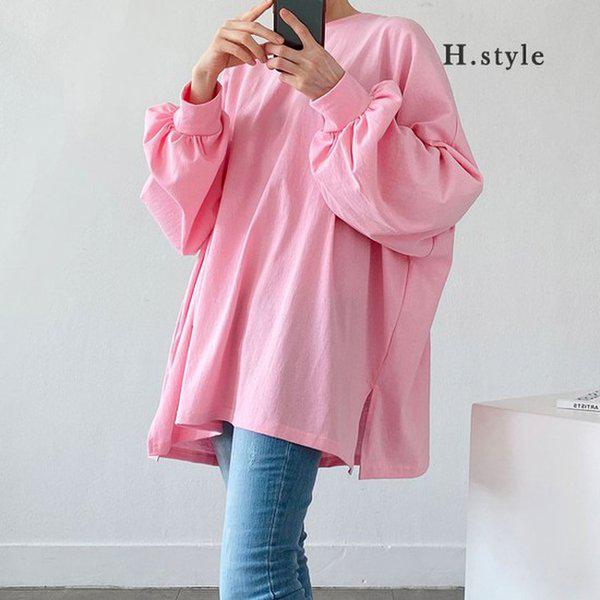 HスタイルOUボリュームフロムティー/春の新商品/Tシャツ/ロングT/ラウンド/スウェットシャツ/季節の変わり目/ルーズフィット