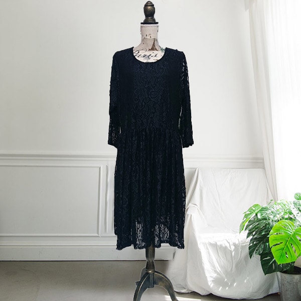 ドレス 黒 4L 即納 ぽっちゃり 大きいサイズ ミモレ丈 マキシ丈 ゆったり 2885542 マタニティ パーティードレス 袖あり 総レース 花柄 ワンピース 卒業式