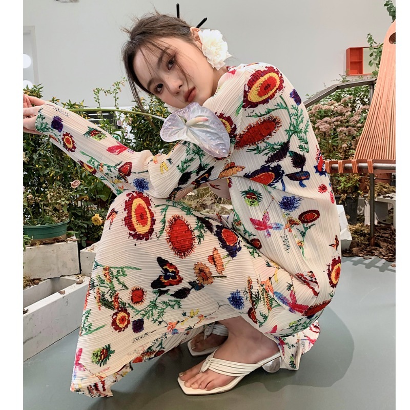 【セットアップ】花柄 プリーツ 長袖トップス＋プリーツスカート ツーピース スーツ 上下セット レディース オフィスコーデ ママコーデ デートコーデ オシャレ a4609
